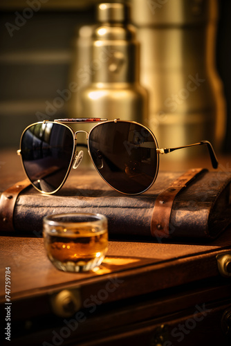 Luxurious Aviator Sunglasses Displayed on Wooden Surface Reflecting Ambient Light and Environment