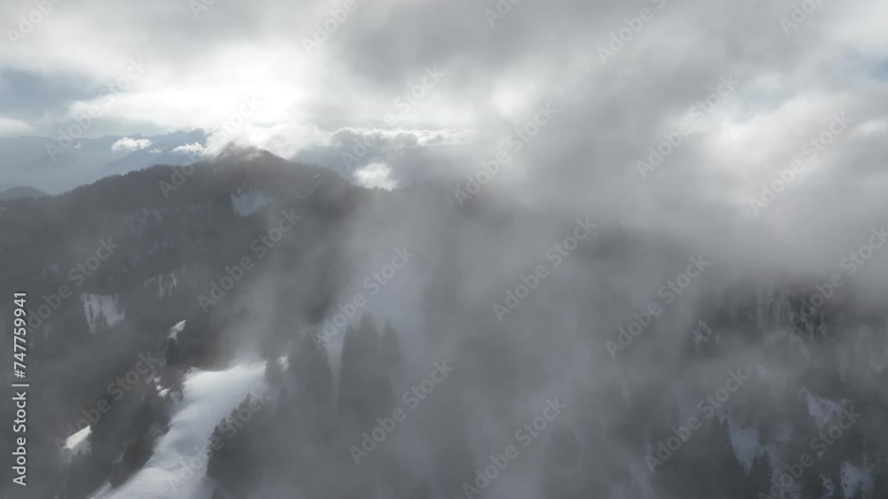 Flying into misty clouds over snow valley with pines, French Alps Flying into misty clouds over snow valley with pines, French Alps