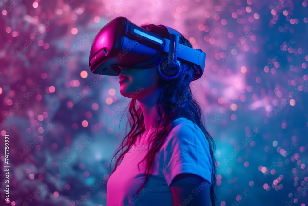 Teenage girl with VR headset exploring the metaverse - obrazy, fototapety, plakaty 