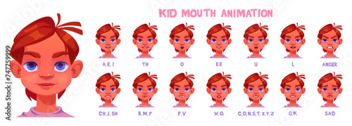 Boy mouth animation set isolated on white background. Vector cartoon illustration of male teen character face pronouncing different sounds, lip sync and emotions collection, avatar constructor © klyaksun
