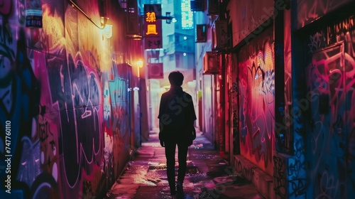 A solitary silhouette walks through a graffiti-covered alley, illuminated by the vibrant neon lights of the night.