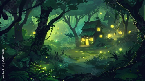 In a heartwarming illustration, a cozy cottage nestles in a whimsical forest, bathed in the gentle glow of fireflies under a twilight canopy.