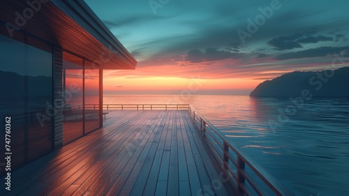 Breathtaking sunset view from a wooden deck balcony, offering a tranquil escape overlooking the sea.