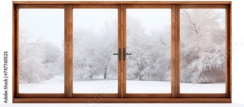 A wooden window is open  revealing a breathtaking view of a snowy forest. The snow-covered trees stretch out as far as the eye can see  creating a serene winter scene.