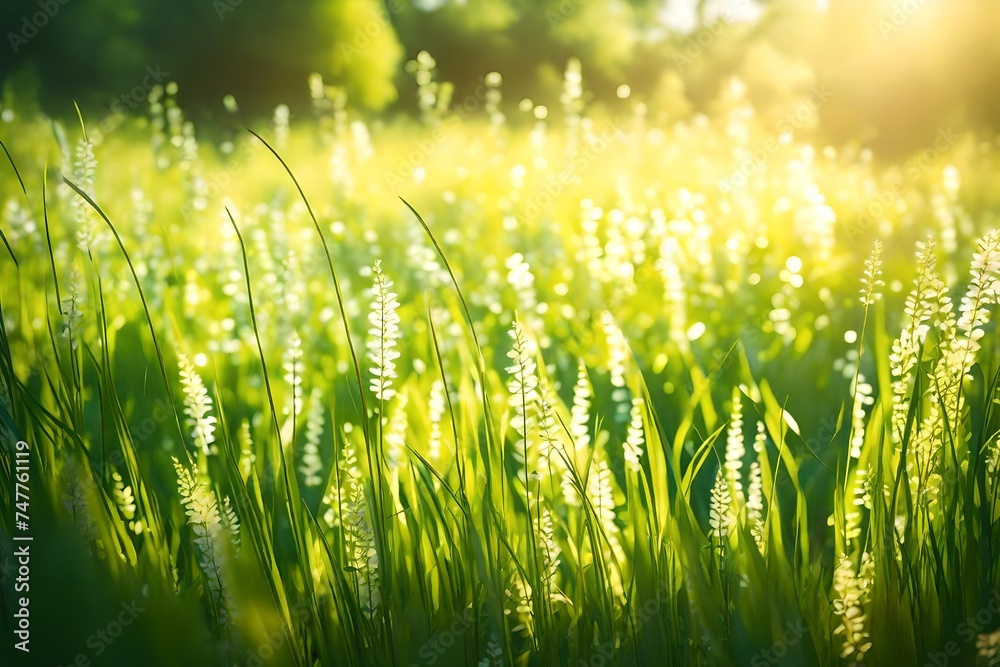 Abstract nature bokeh background with copyspace. Meadow grass and plants closeup in sunlight