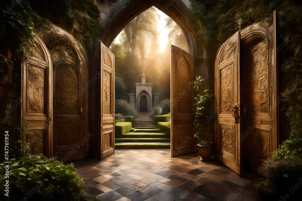 Luxurious, arched wooden doors featuring elaborate, handcrafted detailing, standing as an entrance to a grand manor with cascading vines nearby - obrazy, fototapety, plakaty 