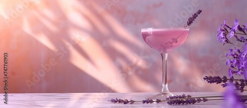 A glass filled with pink liquid sits next to a bunch of vibrant purple flowers on a sleek marble table. The contrast between the delicate drink and the bold blooms creates a visually appealing scene.