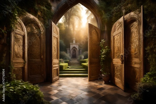 Luxurious, arched wooden doors featuring elaborate, handcrafted detailing, standing as an entrance to a grand manor with cascading vines nearby photo