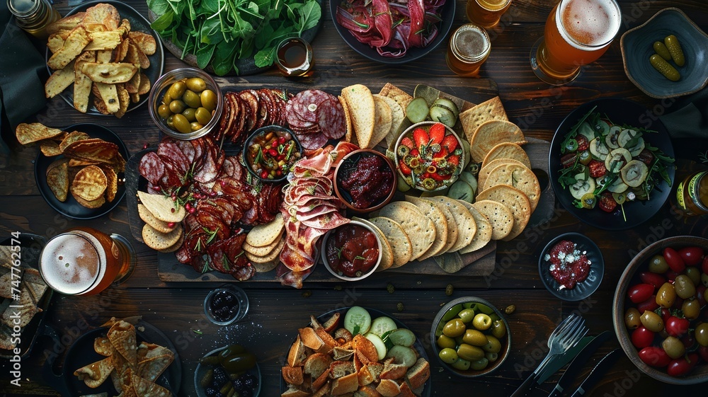 Obraz premium Lavish feast spread showcasing an abundance of savory game day treats and snacks