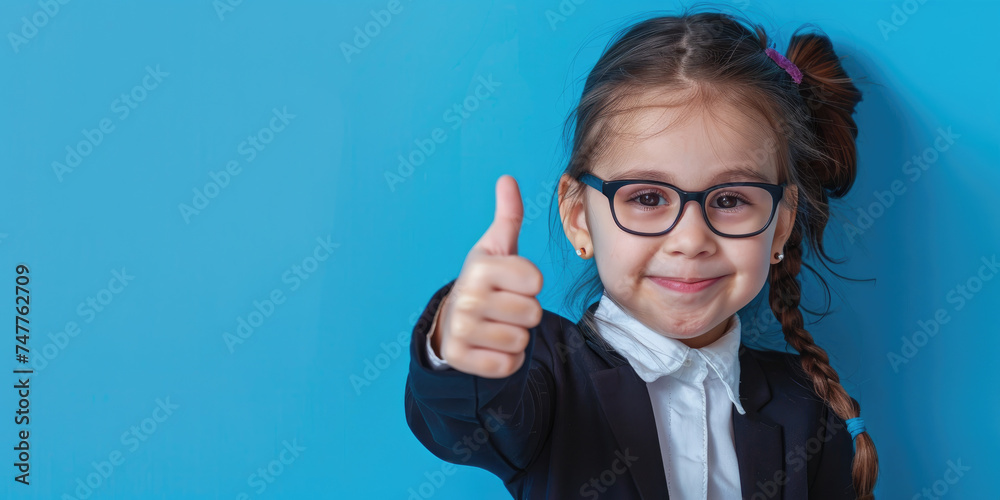 portrait of little businesswoman entrepreneur showing thumbs up on blue background, advertising promotion banner, copy space