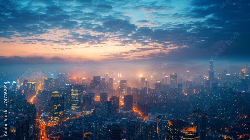 Obraz premium Urban Twilight, A Symphony of Lights and Colors in Metropolis Skies