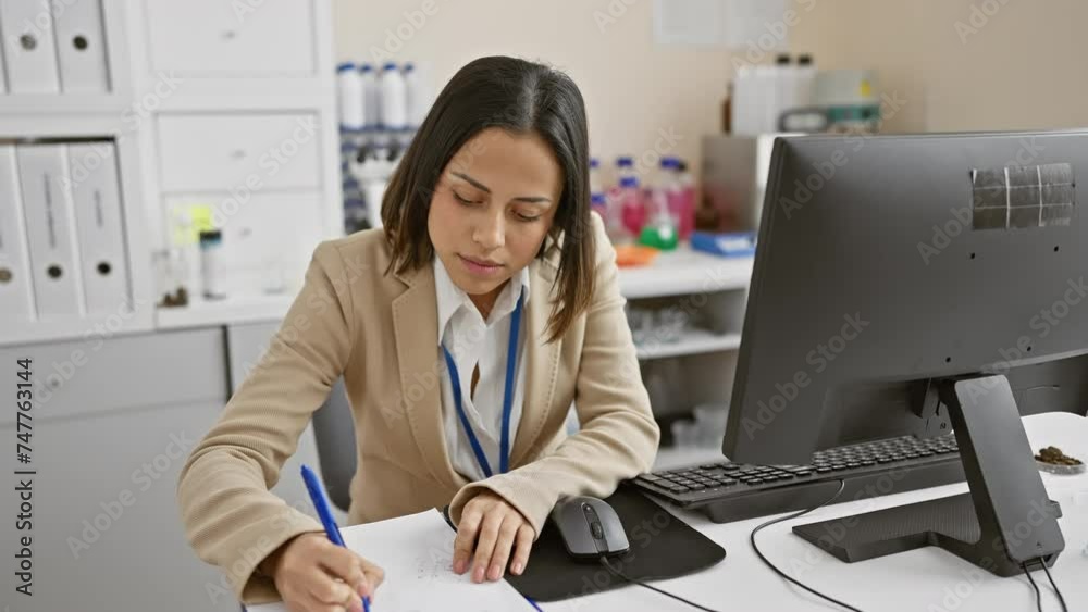 A focused hispanic woman in business attire takes notes at her office desk with a computer. A focused hispanic woman in business attire takes notes at her office desk with a computer.