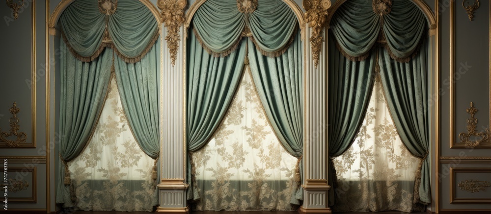 A room with classic curtains and a chair in the center. The curtain is drawn to the side, revealing a window behind it. The chair is positioned facing the window, A room with classic curtains and a chair in the center. The curtain is drawn to the side, revealing a window behind it. The chair is positioned facing the window,