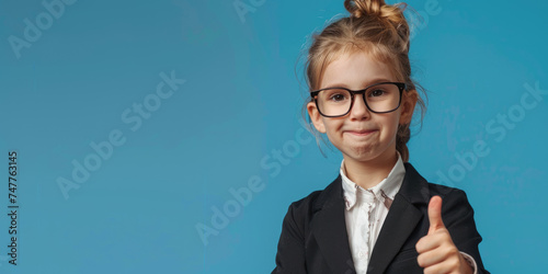 portrait of little businesswoman entrepreneur showing thumbs up on blue background  advertising promotion banner  copy space