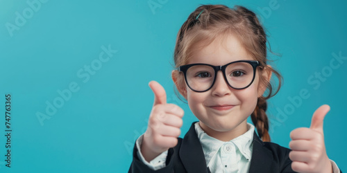 portrait of little businesswoman entrepreneur showing thumbs up on blue background  advertising promotion banner  copy space