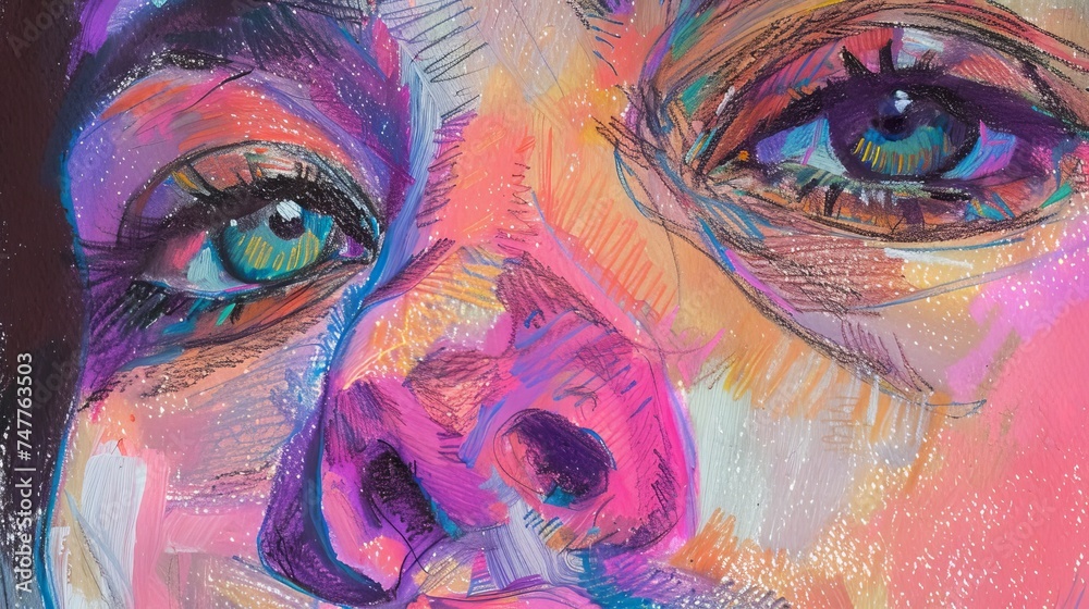 Expressionist Pastel Portrait Focusing on Intense Gaze with Colorful Strokes

