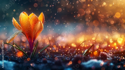 Dew-kissed golden crocus flower standing proud amid raindrops and bokeh lights photo