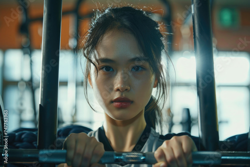 portrait of Young asian sportswoman using barbell while doing back exercise in gym