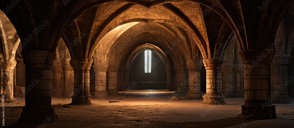 This image shows a dimly lit room with architectural arches and columns reminiscent of a medieval church cellar. The arched doorways and columns create a sense of history and grandeur in the space. - obrazy, fototapety, plakaty 