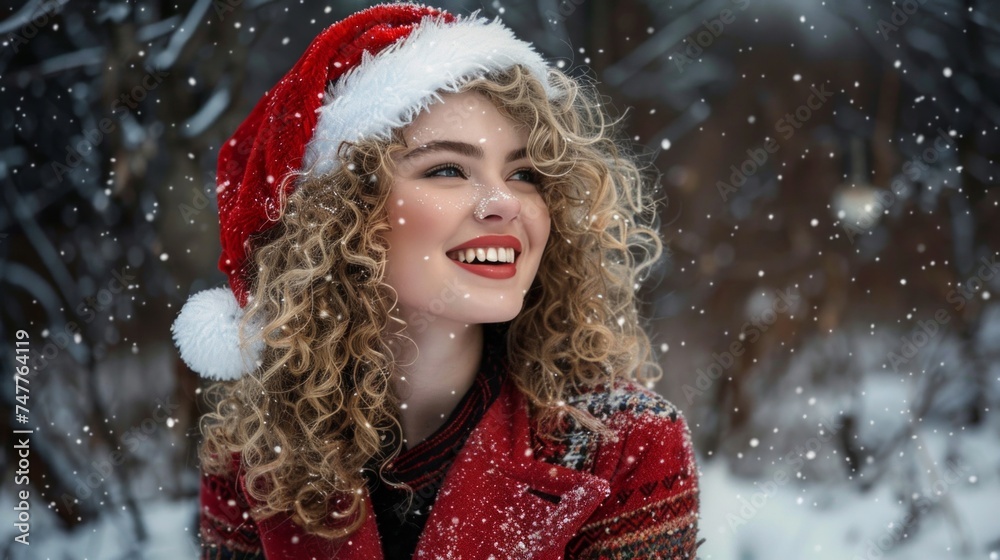 A woman wearing a Santa hat stands in the snow-covered landscape A woman wearing a Santa hat stands in the snow-covered landscape