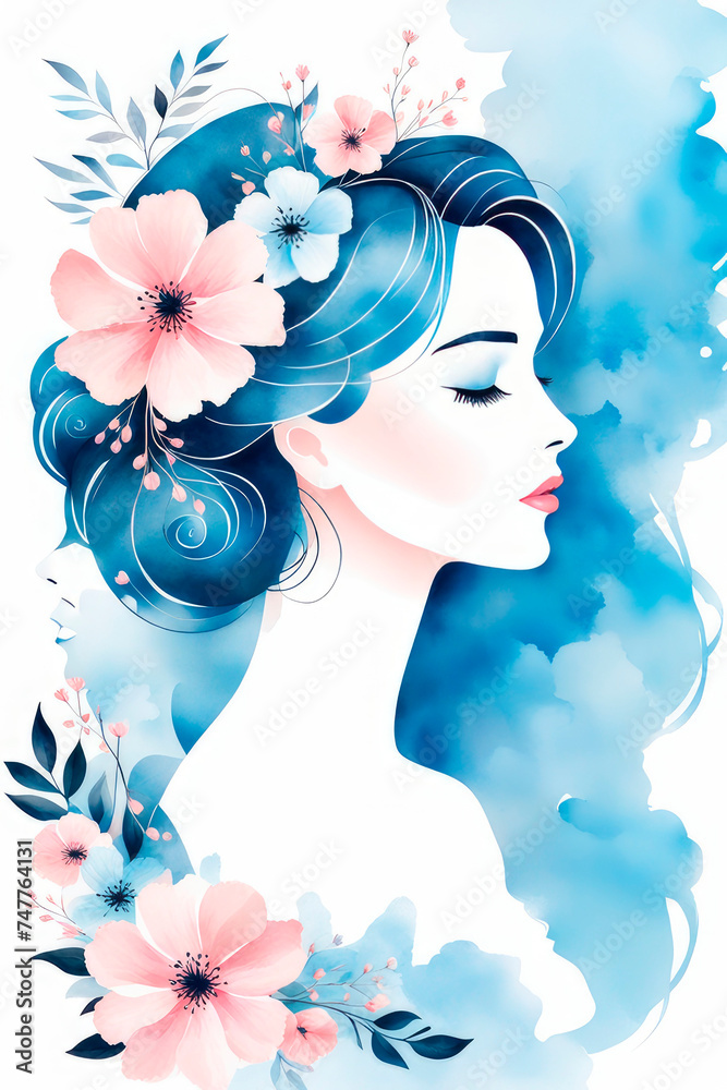 Beautiful silhouette of a woman with an floral hairstyle in sky blue, and peach fuzz colors.