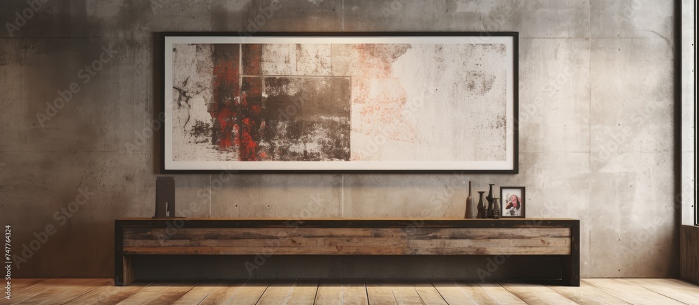 A modern frame with a picture is hanging on a wooden grunge interior wall in a living room. The frame is sleek and stylish, adding to the overall contemporary look of the room.