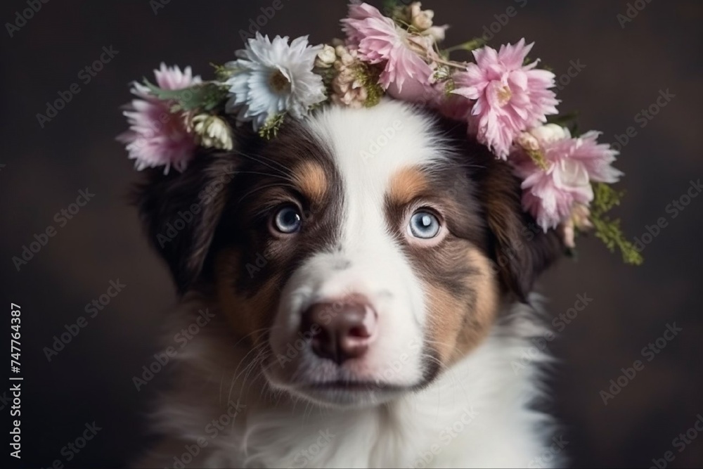 Obraz premium Portrait of a cute puppy with a wreath of pink flowers on his head 