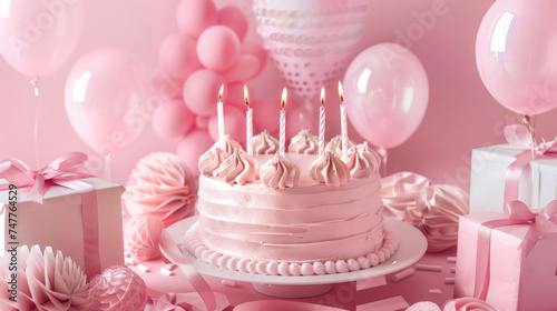 A birthday cake with pink frosting sits surrounded by pink balloons in a festive celebration setting.