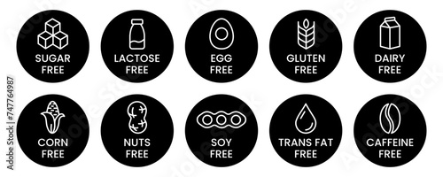 Set allergen free icons. Allergen free products. Products warning symbols. Lactose free, gluten free, sugar free, corn free, egg free, trans fat free, soy free, nuts free, coffeine free sign.