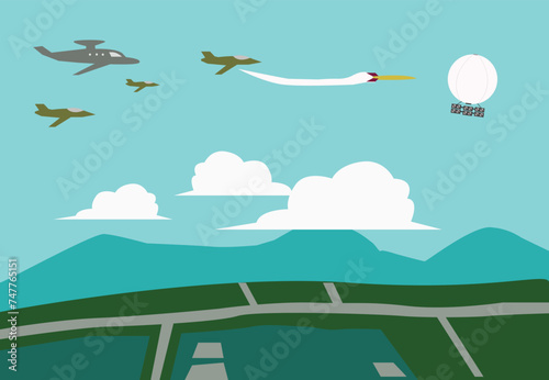A group of fighter planes chase a spy balloon. Editable Clip Art.