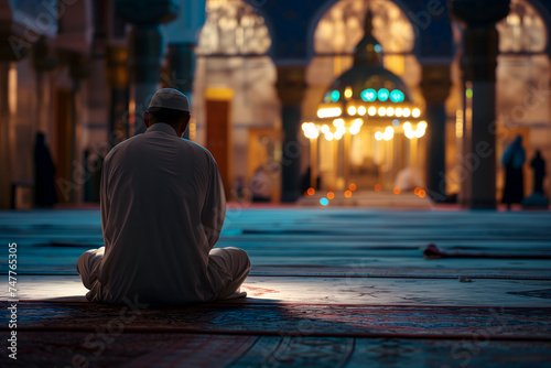 Muslim prayer sitting in front of mosque at Ramadan night with selective focus, neural network generated image