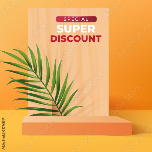 special super discount template banner with 3d podium for product sale with abstract gradient orange and yellow background design