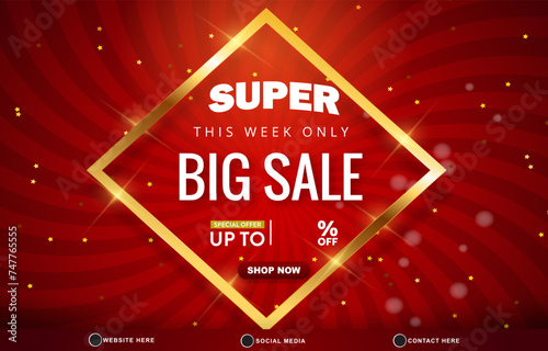 super big sale discount tempate banner with blank space 3d podium for product sale with abstract gradient red and golden background design