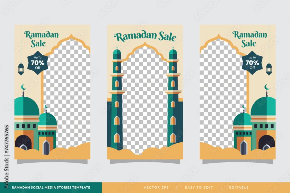 Fototapeta premium Ramadan sale social media stories banner discount template design with mosque illustration