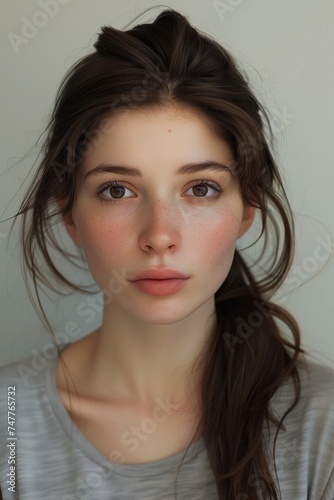Close-up of a gorgeous young woman looking at the camera, showcasing natural beauty and simplicity