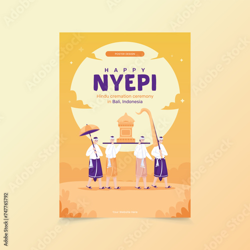 Cremation procession illustration of Balinese Nyepi Day on poster design photo