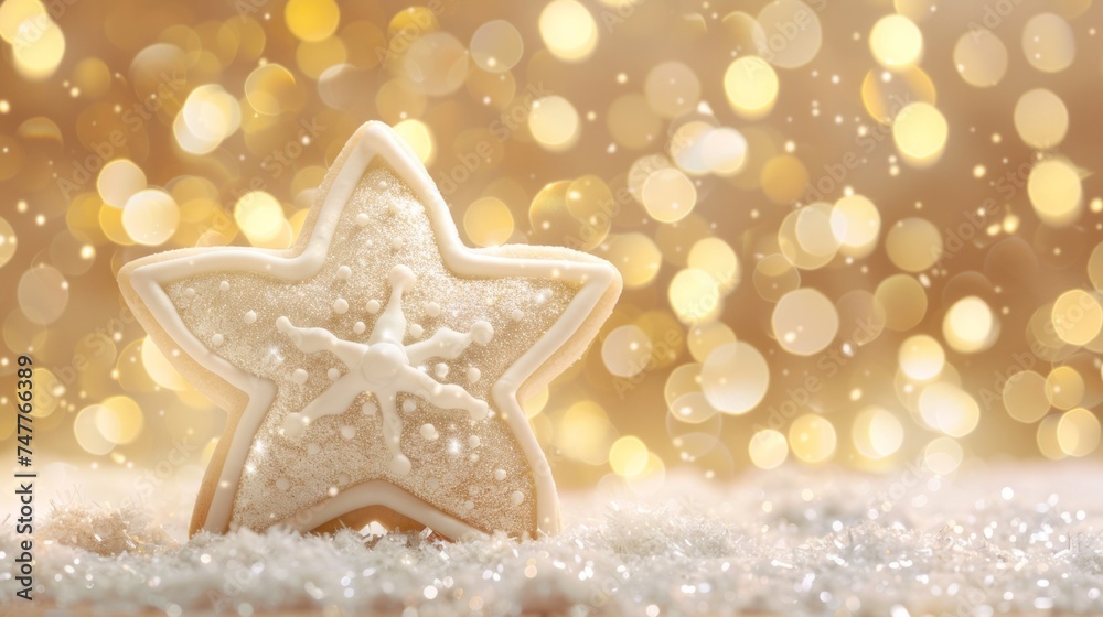 A star-shaped cookie is placed on top of a wooden table. A star-shaped cookie is placed on top of a wooden table.