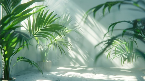 Soft morning shadows cast by palm leaves creating a tranquil and fresh atmosphere