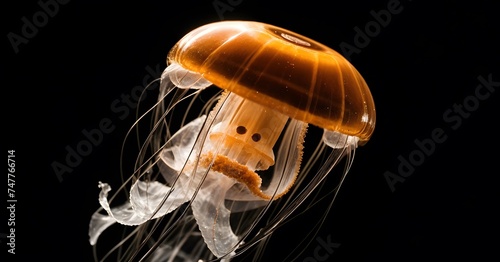 The rich amber hue of a solitary jellyfish emanates warmth as it undulates in the abyss. Its complex network of tentacles captures the eye, suggesting a dance of survival.