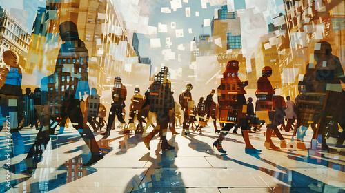 Urban Scene with Blurred People, Busy City Life, Abstract Street Motion, Sunny Day in Metropolitan Area photo