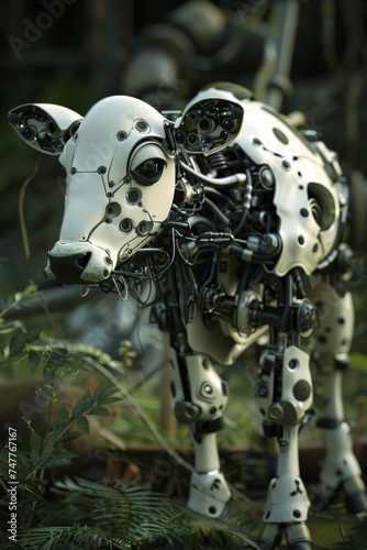 Dark close up 3D view of agriculture technology with a robotic cow in a random dynamic setting photo