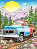 truck in the mountains, Adventurous Journey Through the Mountains, A Red Pickup Truck Conquers a Winding Road, A Vibrant Blue Semi-Truck Navigates a Majestic Landscape, generative ai