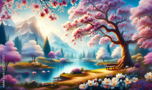 Panorama of beautiful spring landscape with blooming magnolia tree and lake. Horizontal digital painting. generative ai photo