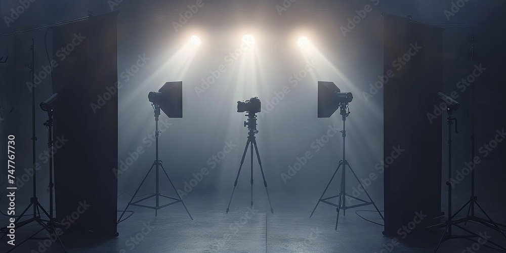 Sleek professional photography studio setup with cameras lights and backdrop for high-quality production