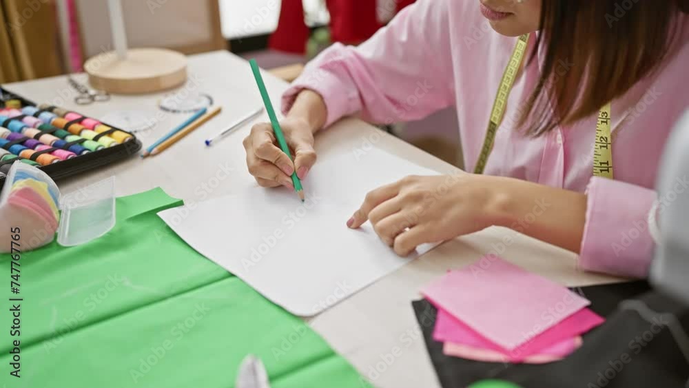 Focused female designer sketches on paper with colorful textiles and measuring tape in a modern workshop. Focused female designer sketches on paper with colorful textiles and measuring tape in a modern workshop.