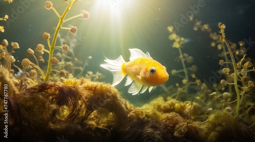 A goldfish swimming in an aquarium with plants. Generative AI.