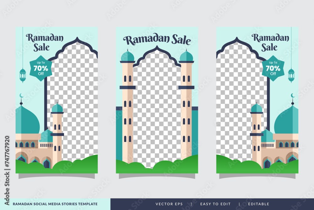 Ramadan sale social media stories banner discount template design with mosque illustration