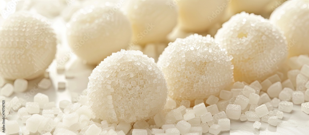 A close-up view of a bunch of sweet sugar balls neatly arranged on a crisp white background, creating an irresistible display of taste and elegance. A close-up view of a bunch of sweet sugar balls neatly arranged on a crisp white background, creating an irresistible display of taste and elegance.
