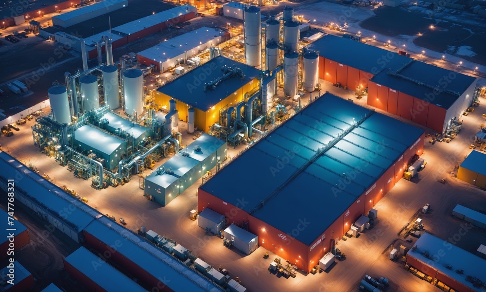 Obraz premium An illuminated industrial complex at dusk. View from above