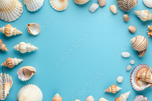 Seashells, pebbles, mockup on blue background. Blank, top view, still life, flat lay. Sea vacation travel concept tourism and resorts. Summer holidays.
